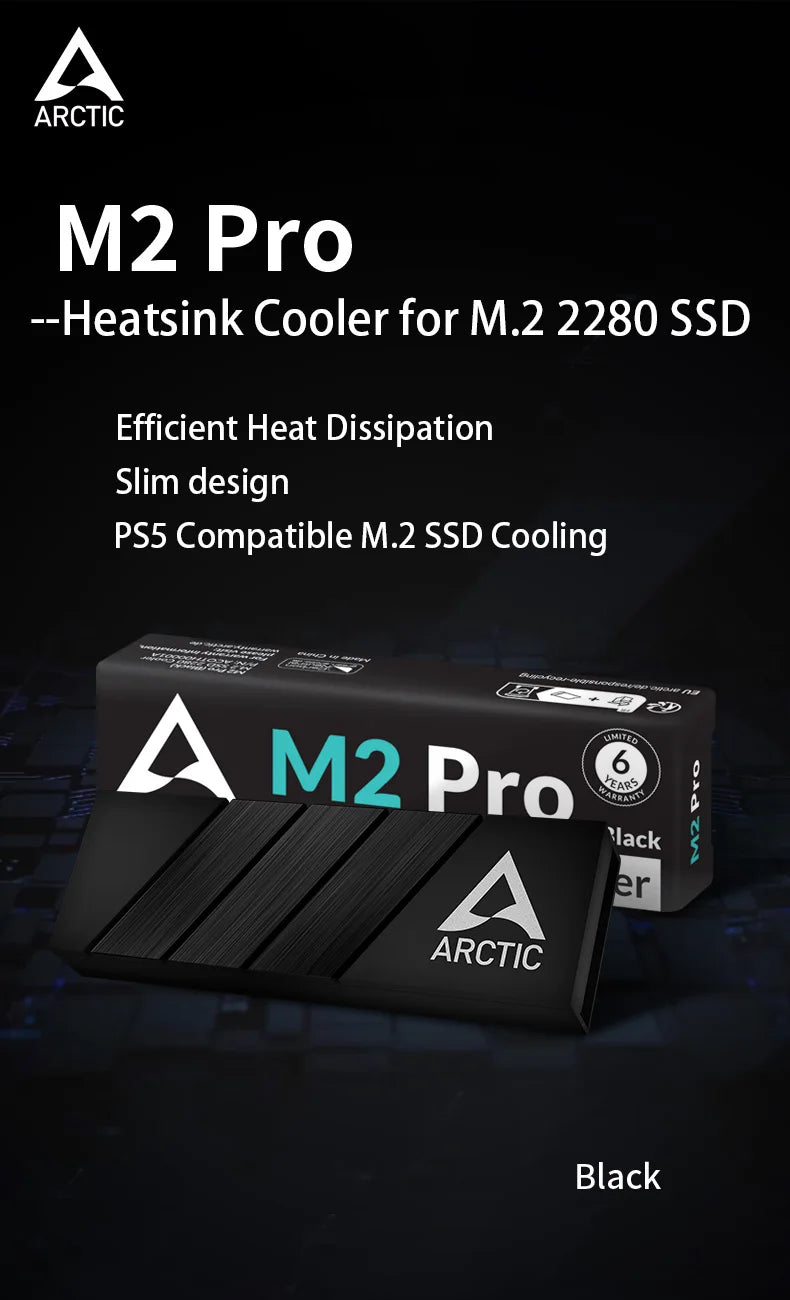 ARCTIC M2 Pro Black heatsink Cooler for M.2 2280 SSD, Compatible with PC & Gaming Consoles, for Dual and Single-Sided SSDs