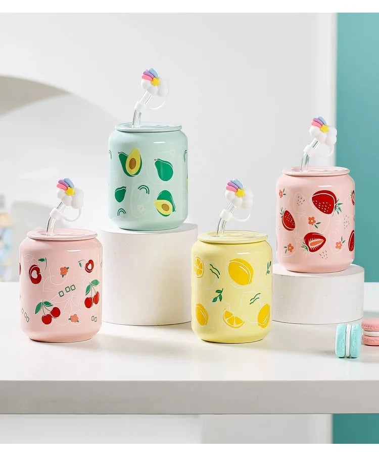 Fresh Creative Fruit Straw Cup Coke Soda Bottle Ceramic Mug with Lid Couple Souvenir Home Drinking Utensil Kitchen Appliance