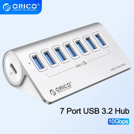ORICO USB Hub Aluminum Alloy 7-Port USB 3.2 Gen2 10Gbps HUB USB Splitter Multiport Adapter Laptop Expansion Desktop Accessories
