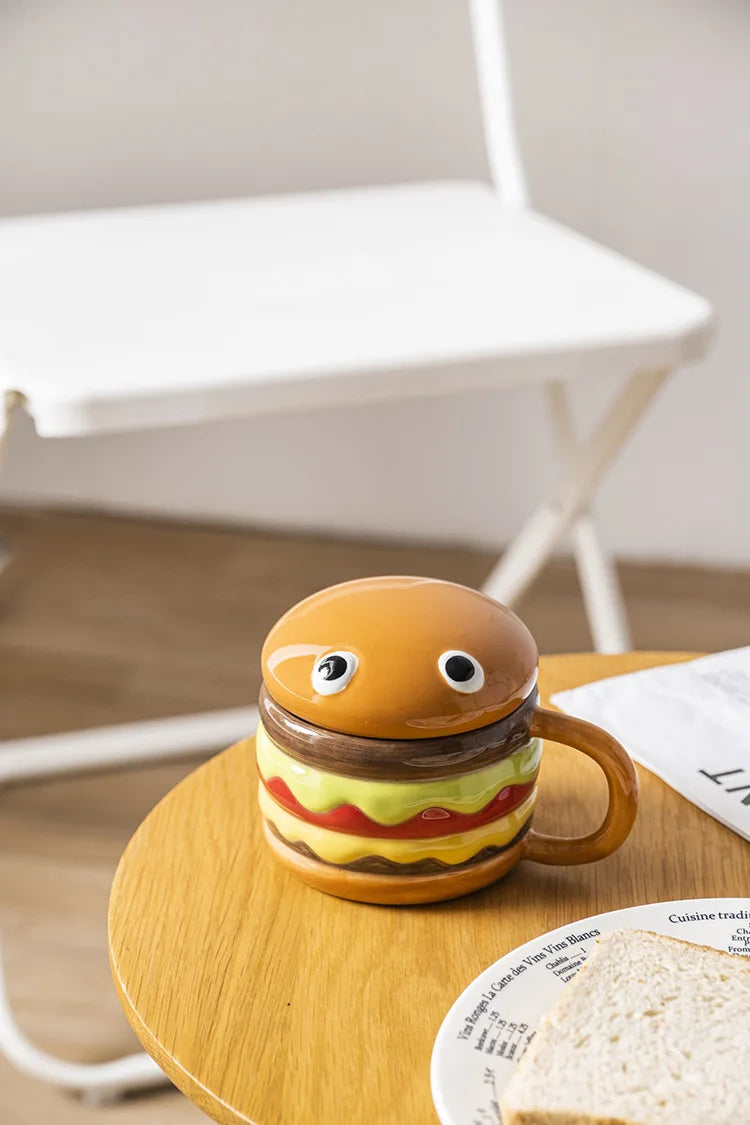 300ML Coffee Mugs Creative Hamburger Shaped Water Cup with Lid Cute and Cute Breakfast Cup Large Capacity Ceramic Hamburger Mug