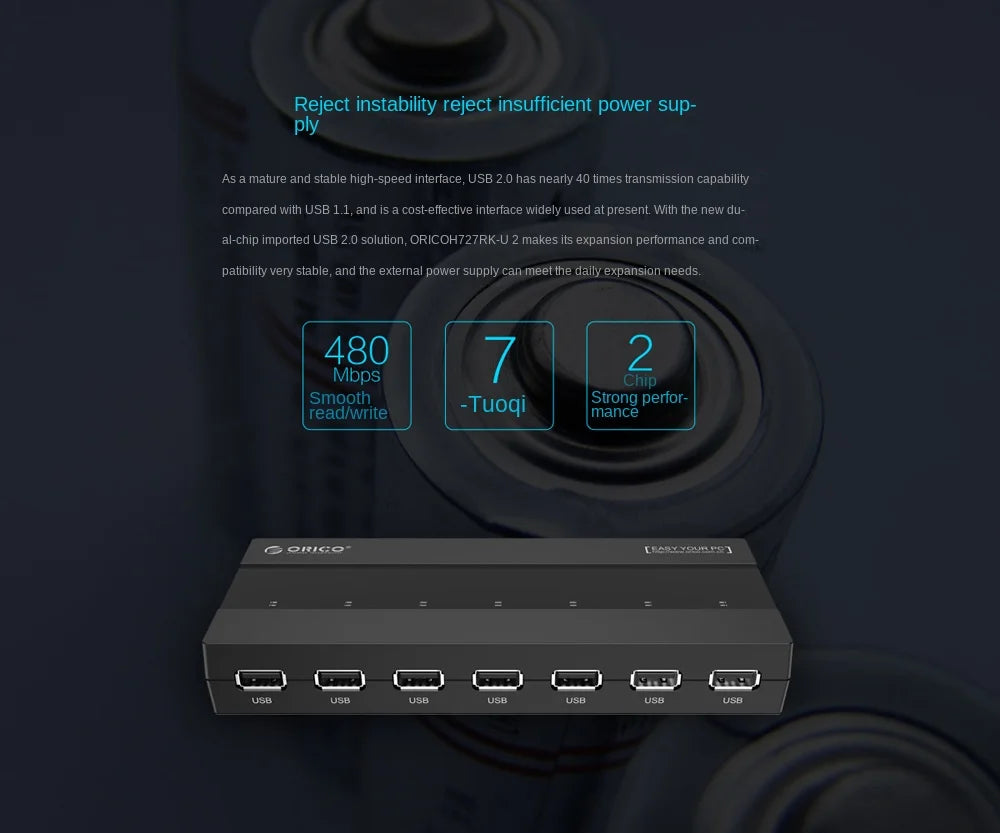 ORICO USB HUB Splitter 7-port USB 2.0 HUB Hub OTG Adaptador with External Power Supply Suitable for Desktop PC Laptop Computers