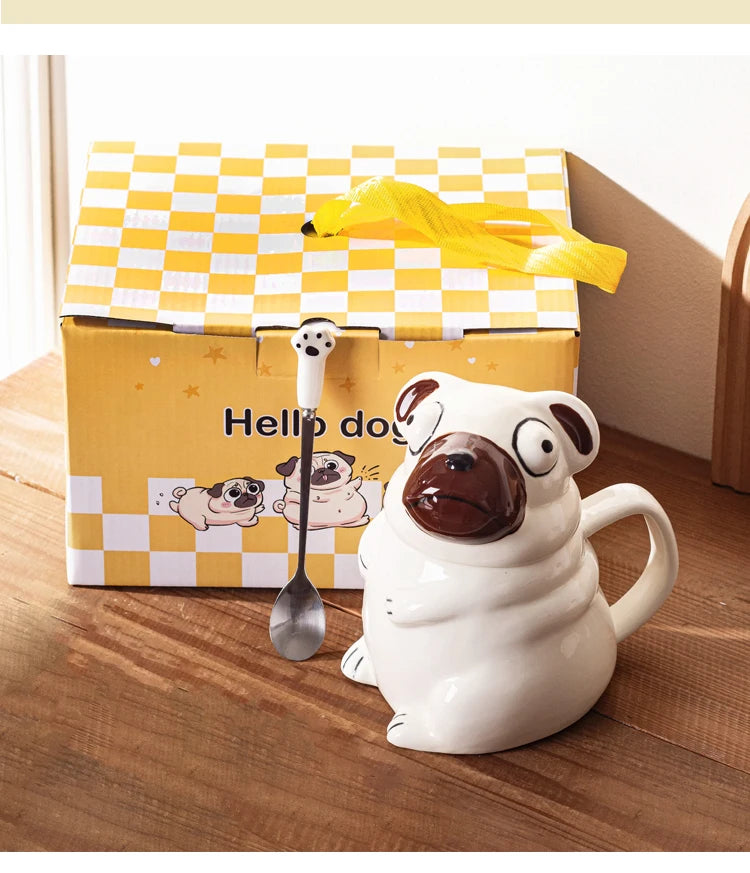 Creative Cartoon Pug Mug Ceramic Large Capacity Cute Water Cup with Lid Spoon Kitchen Drinkware Birthday Gift for Boyfriend