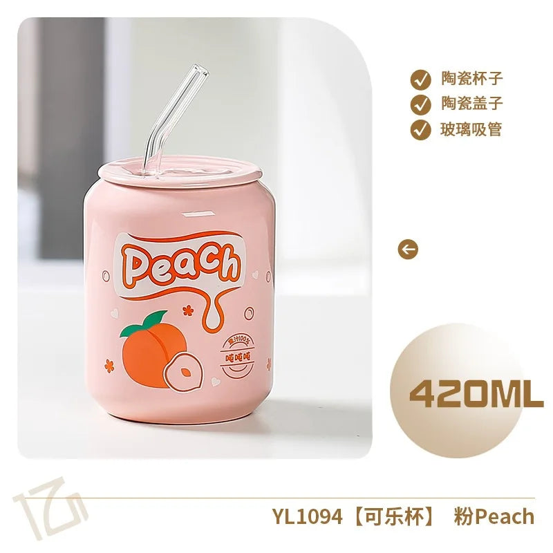 Fresh Creative Fruit Straw Cup Coke Soda Bottle Ceramic Mug with Lid Couple Souvenir Home Drinking Utensil Kitchen Appliance