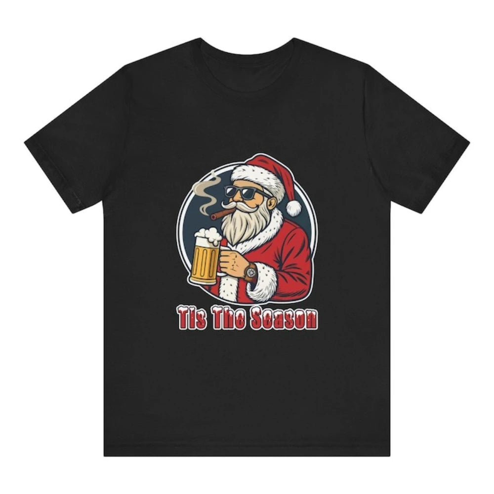 Funny Santa Beer T-Shirt Tis The Season Christmas Graphic T Shirts Woman Man New Year Xmas Cotton Short-sleev Vintage  Festival