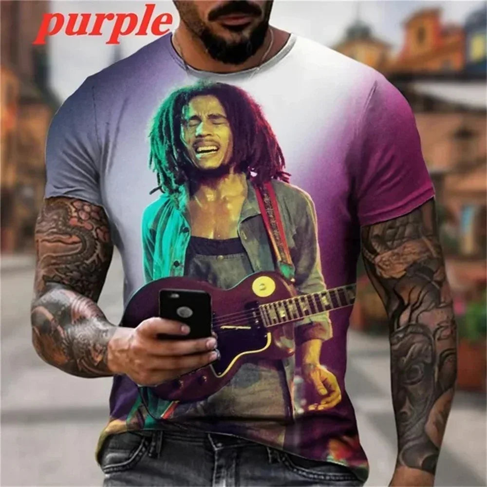 2025 Summer Men's T-shirts Rock Bob Marley 3d Print O-neck Short Sleeve Street Hip-hop Shirt Oversized Tops & Tees Men Clothing