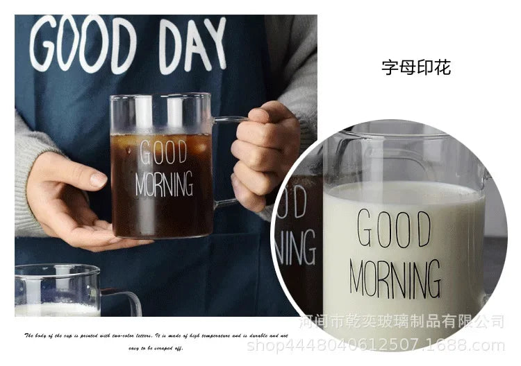 500ml Good Morning Glass Mug Coffee Milk Breakfast Cup Tumbler with Handle Transparent Drinkware Household Gift for Children Set