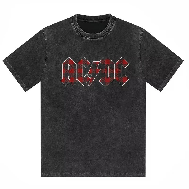 ACDC Band Printed T-shirt Washed Retro Old Short Sleeve Trendy Couple Comfortable Loose Casual Fashion New Men's Clothing 2025