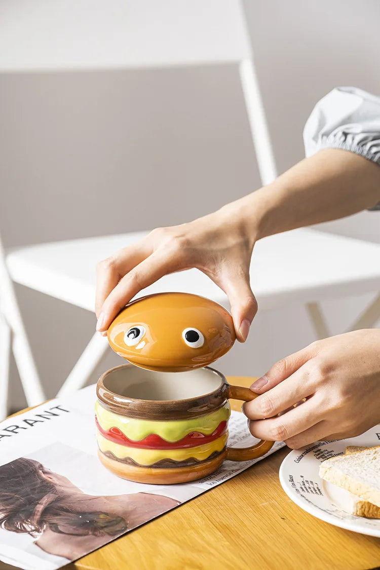 300ML Coffee Mugs Creative Hamburger Shaped Water Cup with Lid Cute and Cute Breakfast Cup Large Capacity Ceramic Hamburger Mug