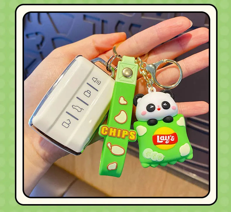 Potato Chips Snack Keychains Alloy & PVC Anime Cartoon Panda & Pig Unique Lobster Clasp Keyring Ideal for Bag Decoration & Gifts