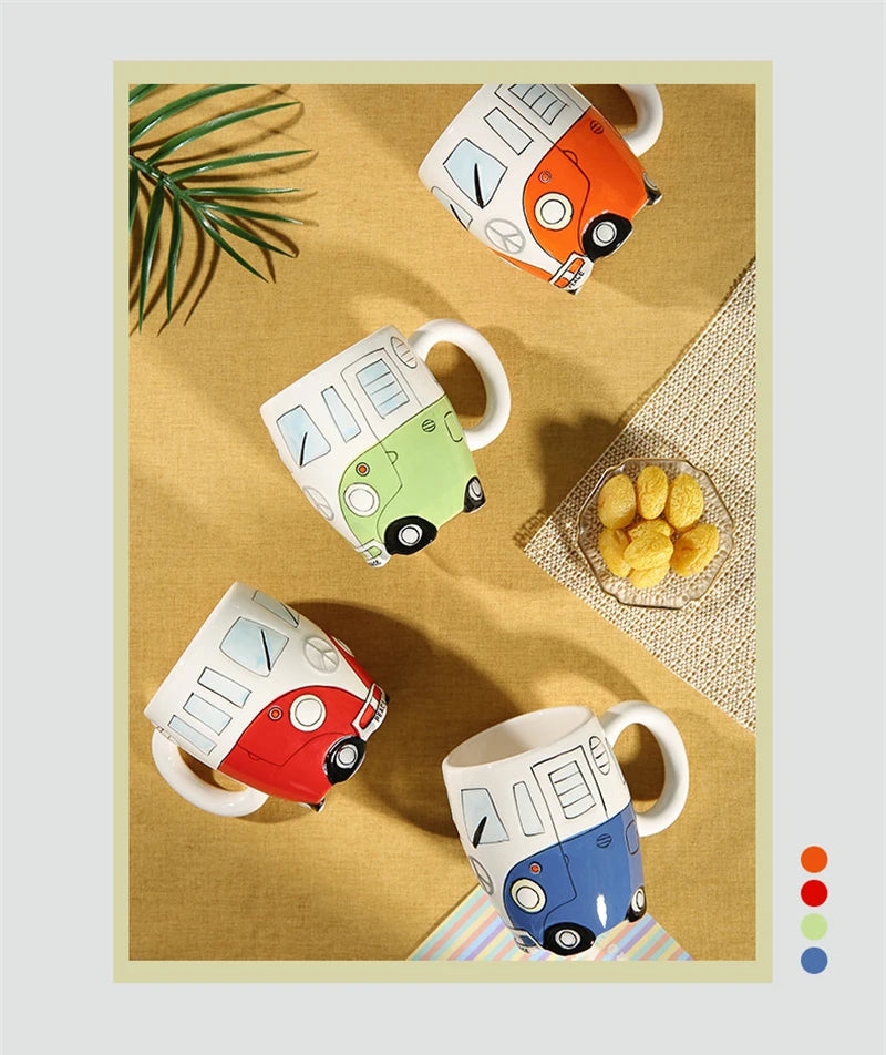 Creative Hand Painting Double Bus Mug Cartoon Ceramic Milk Tea Water Coffee Mugs Home Office School Drinkware Cup Novetly Gifts