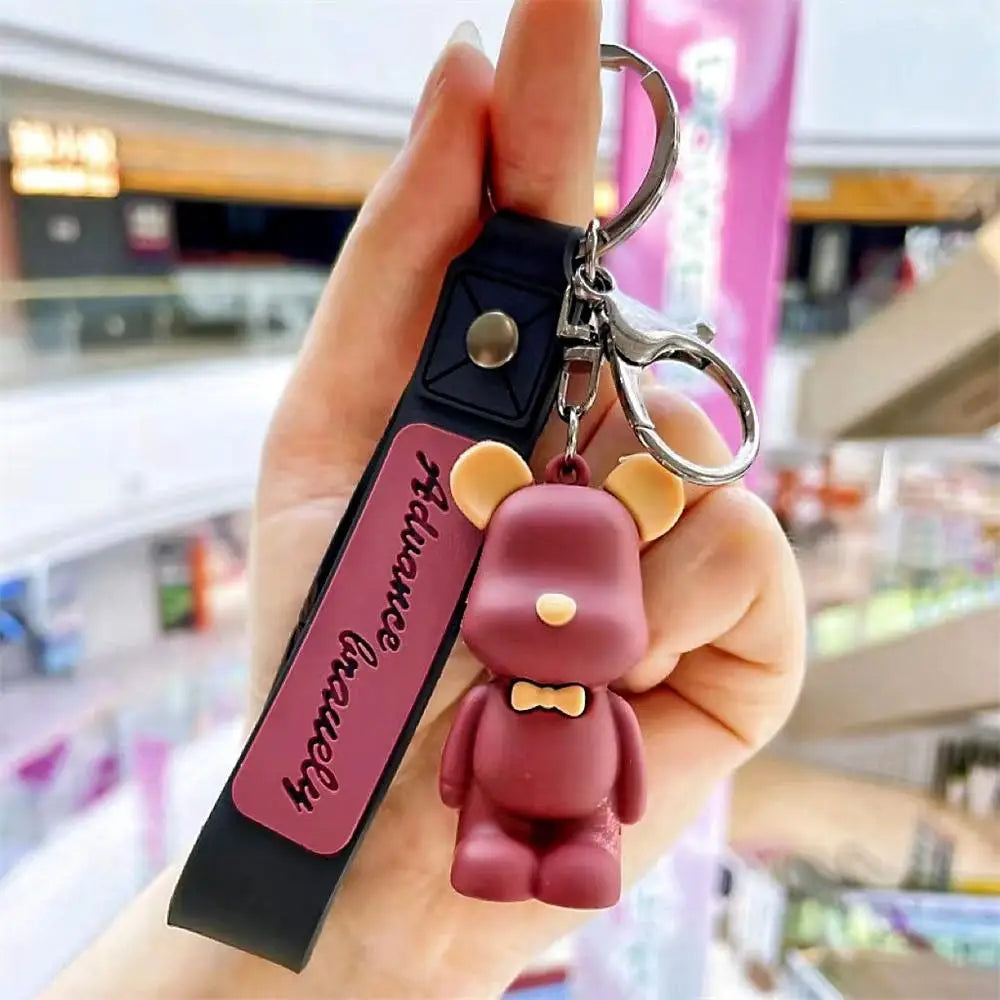 Cute Pvc Tie Bear Keychain Silicone Animal Doll Pendant Keyring With Wristband For Couple Backpack Bag Key Accessories Kid Gifts