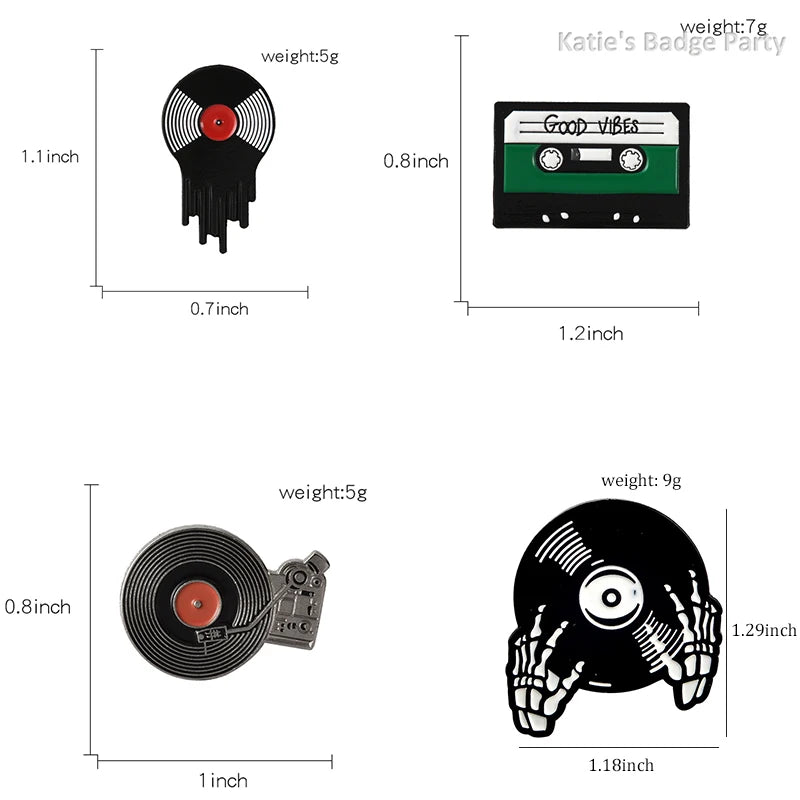 Punk Music Lovers Enamel Pin Good Vibes Tape DJ Vinyl Record Player Badge Brooch Lapel Pins Jeans Shirt Jewelry Gifts Wholesale