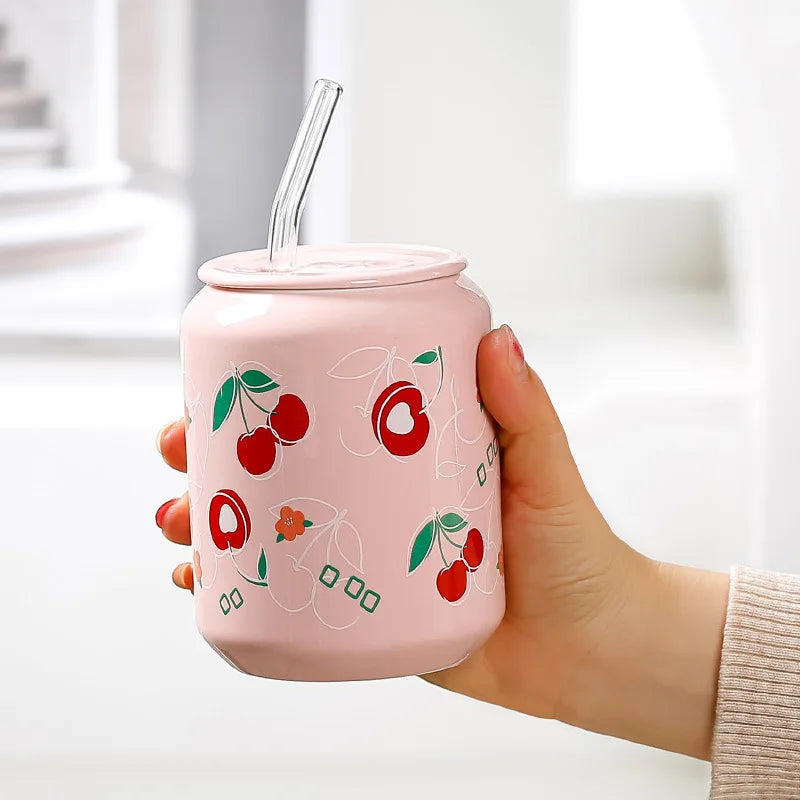 Fresh Creative Fruit Straw Cup Coke Soda Bottle Ceramic Mug with Lid Couple Souvenir Home Drinking Utensil Kitchen Appliance