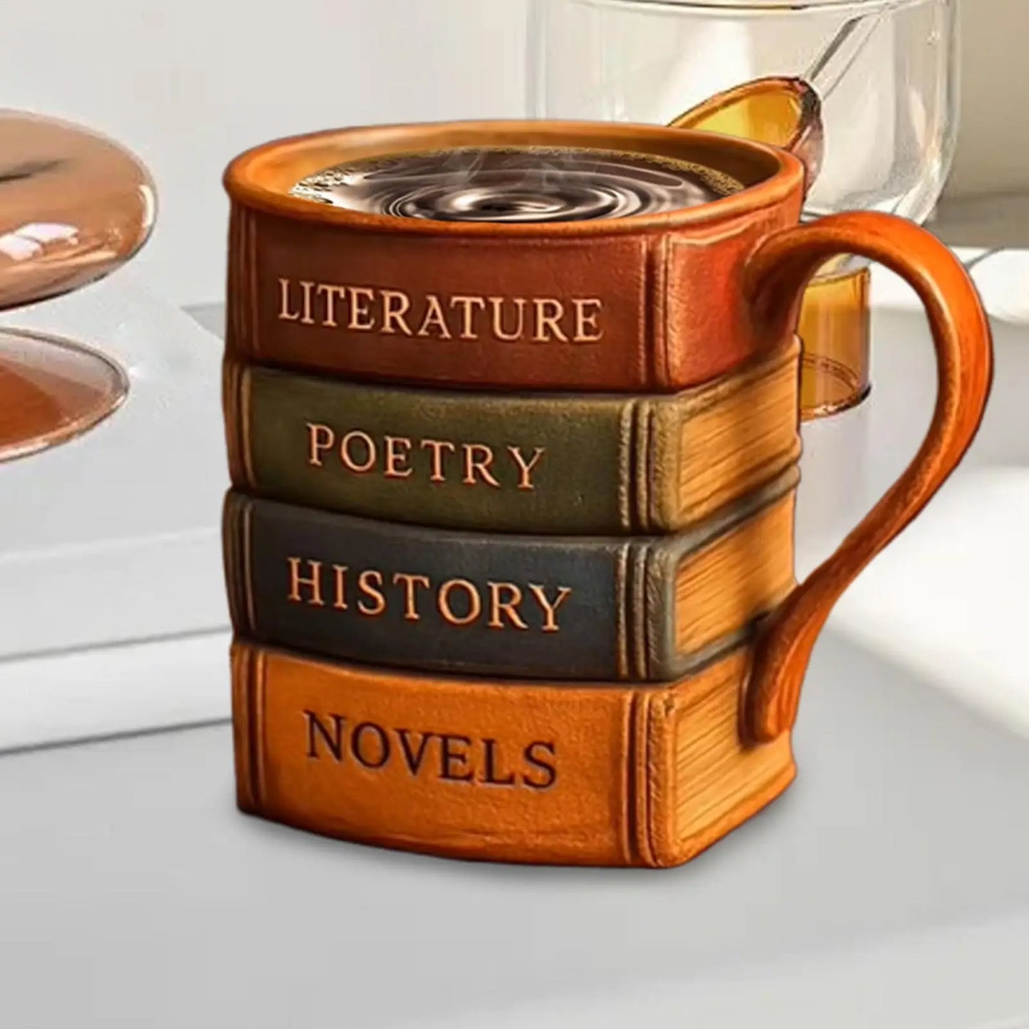Mini Coffee Mug 3D Painted Book Design Resin Wine Cups Comfortable Grip Kitchen Mugs for Reader Librarian Book Lover Writer