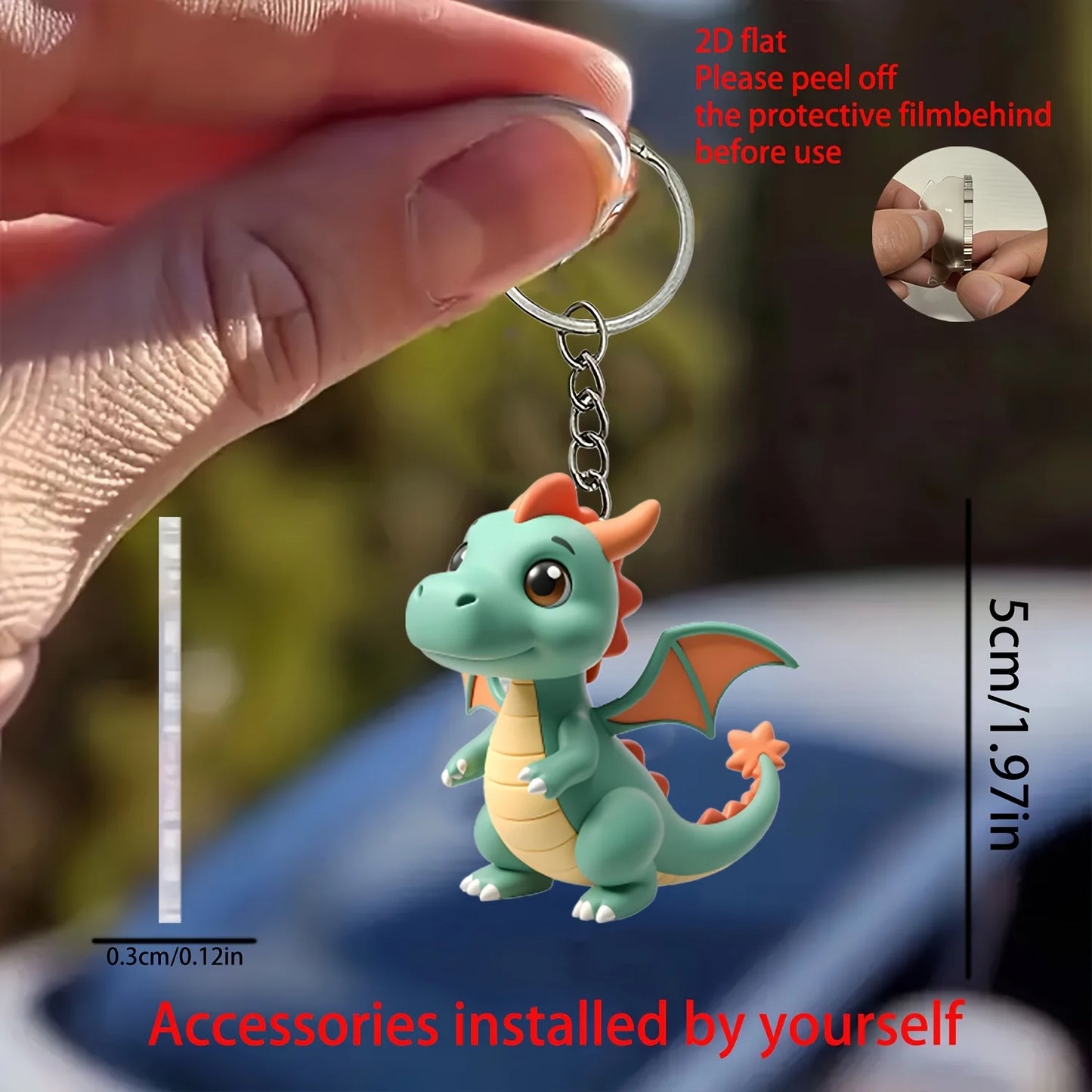 2D Green Dragon Keychain Adorable Car Pendant Acrylic Hanging Ornament Backpack Wallets Accessories Halloween Party Gift Gadget