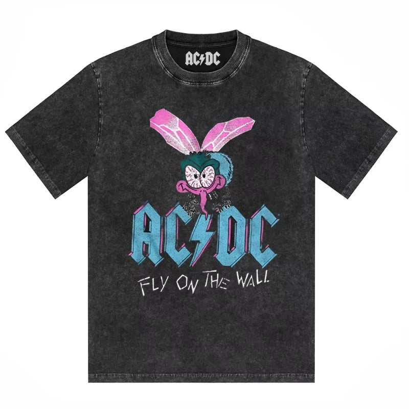ACDC Band Printed T-shirt Washed Retro Old Short Sleeve Trendy Couple Comfortable Loose Casual Fashion New Men's Clothing