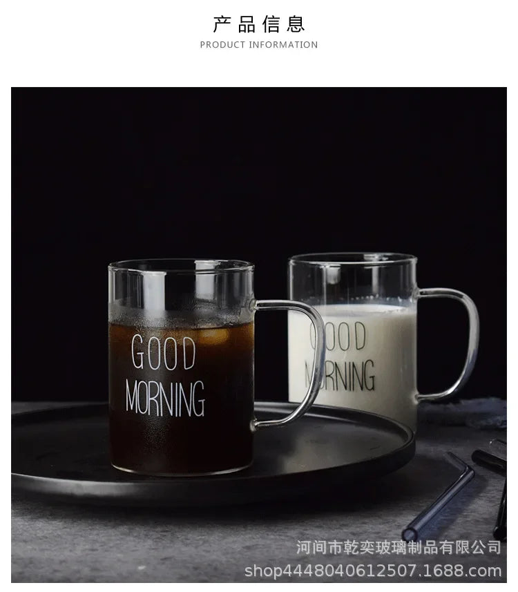 500ml Good Morning Glass Mug Coffee Milk Breakfast Cup Tumbler with Handle Transparent Drinkware Household Gift for Children Set