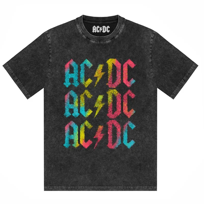 ACDC Band Printed T-Shirt Washed Retro Old Short Sleeve Trendy Couple Comfortable Loose Casual Fashion New Men'S Clothing