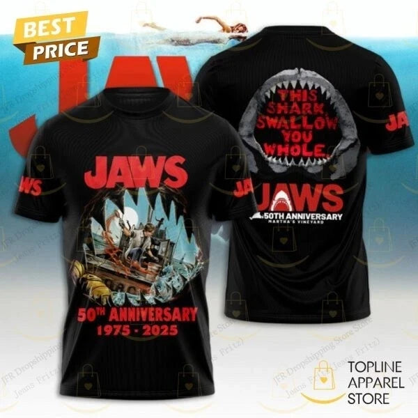 Mens Tshirt Movie Jaws 50Th Anniversary 3d Print T-shirt Men Women Fashion Casual Oversized Short Sleeve Tops Tees Boy Apparel