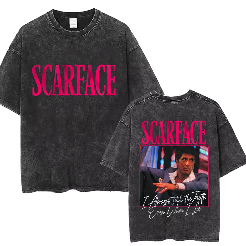 90s Classic Gangsters Movie Scarface Print T-shirts Tony Montana Al Pacino Vintage Washed Cotton Tshirt Men Women Rock T Shirts
