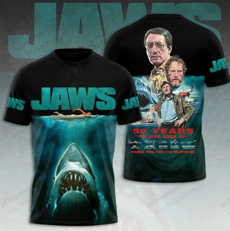 Mens Tshirt Movie Jaws 50Th Anniversary 3d Print T-shirt Men Women Fashion Casual Oversized Short Sleeve Tops Tees Boy Apparel