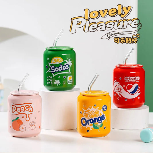 Fresh Creative Fruit Straw Cup Coke Soda Bottle Ceramic Mug with Lid Couple Souvenir Home Drinking Utensil Kitchen Appliance