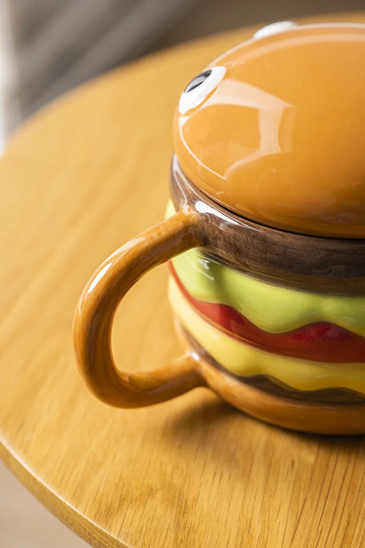 300ML Coffee Mugs Creative Hamburger Shaped Water Cup with Lid Cute and Cute Breakfast Cup Large Capacity Ceramic Hamburger Mug