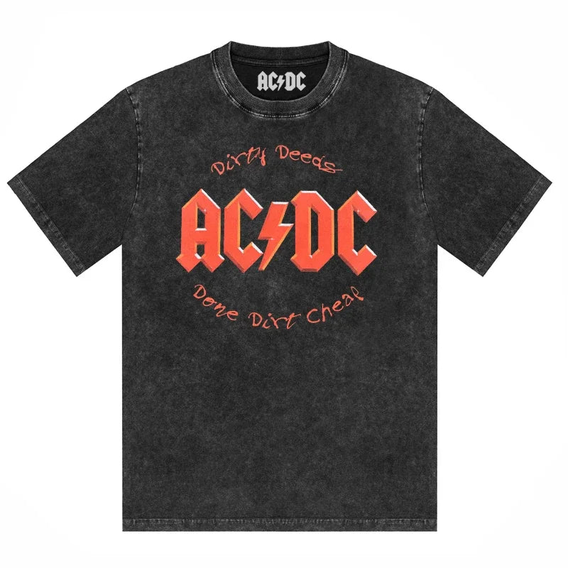 ACDC Band Printed T-Shirt Washed Retro Old Short Sleeve Trendy Couple Comfortable Loose Casual Fashion New Men'S Clothing