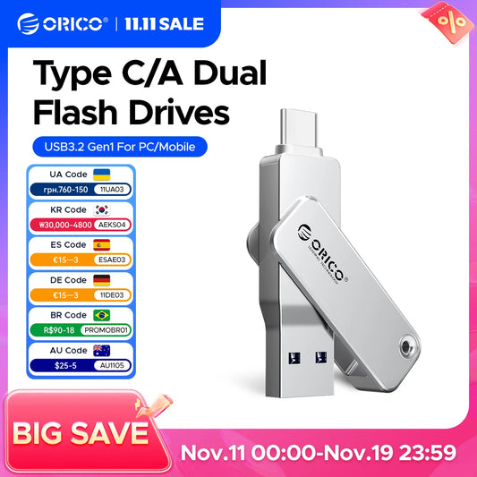 ORICO 128GB USB C Flash Drive Dual USB 3.2 Flash Drive Type C + USB A Portable Type-C Flash Drive 2-in-1 USB-C Thumb Drive