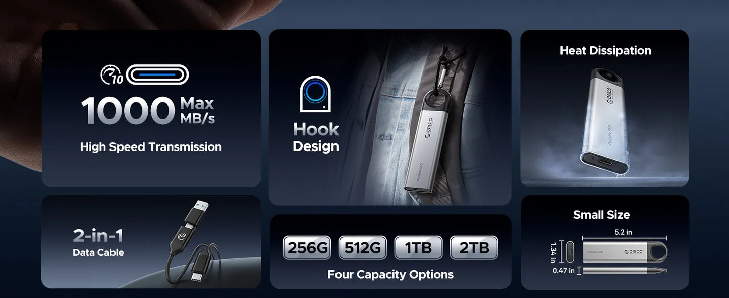 ORICO 1TB External SSD Up to 1050MB/s 550MB/s, Hanging Hole Design Portable Solid State Drive, USB C&A 2 in 1 Cable