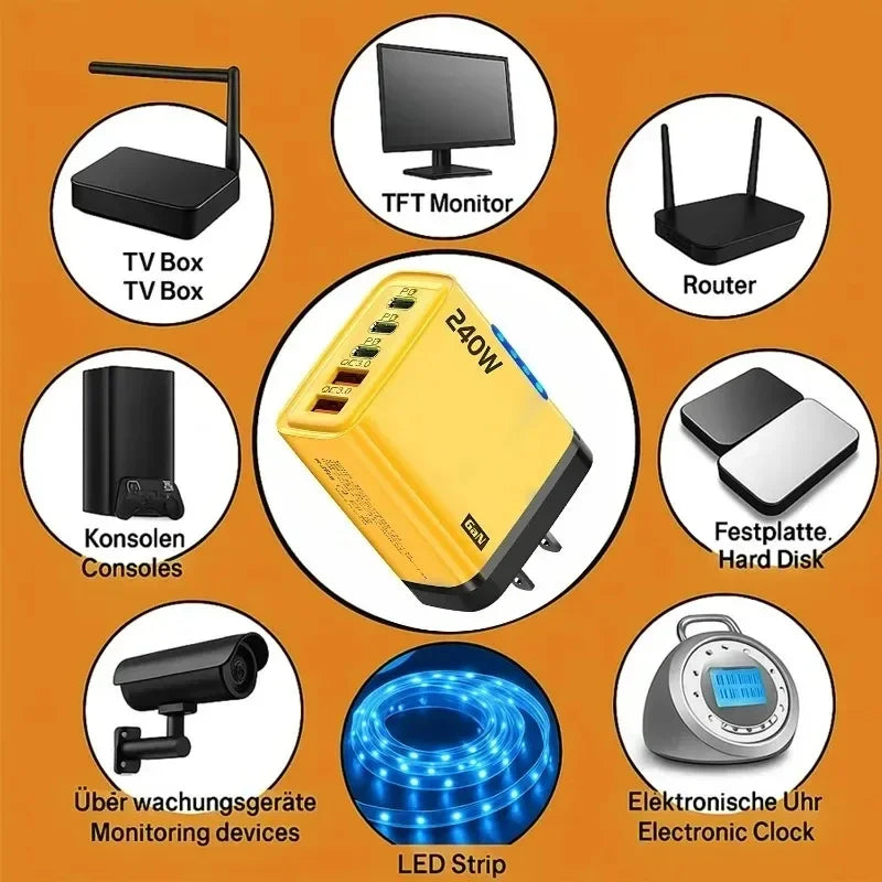 Xiaomi 5 in 1 240W  GaN Fast Charger With LED Light 2USB+3PD Multi Port Phone Charging Head For iPhone 17 16 Pro Huawei Laptop