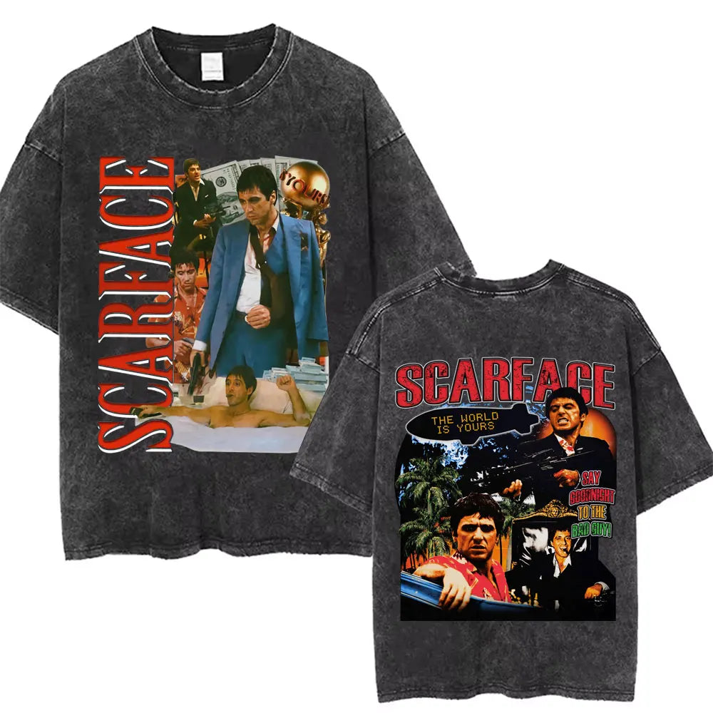 90s Classic Gangsters Movie Scarface Print T-shirts Tony Montana Al Pacino Vintage Washed Cotton Tshirt Men Women Rock T Shirts