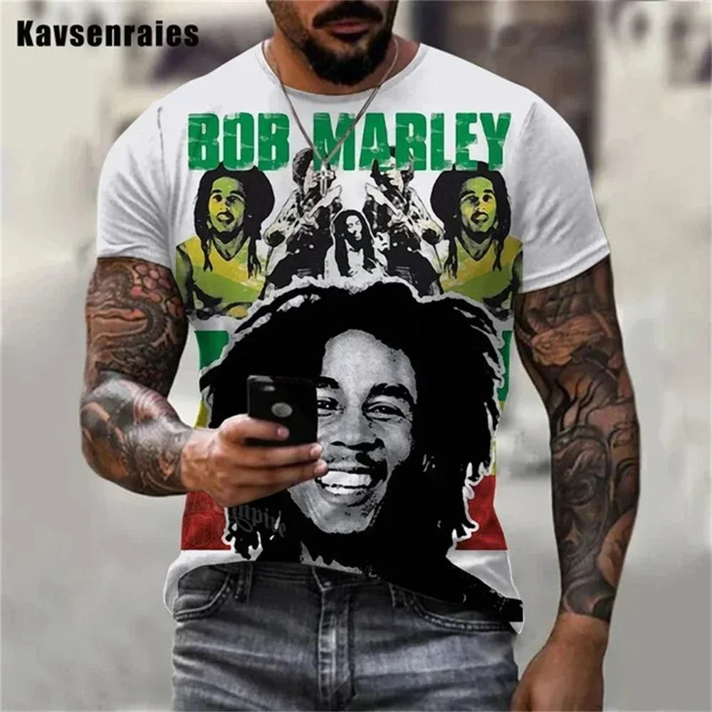 2025 Summer Men's T-shirts Rock Bob Marley 3d Print O-neck Short Sleeve Street Hip-hop Shirt Oversized Tops & Tees Men Clothing