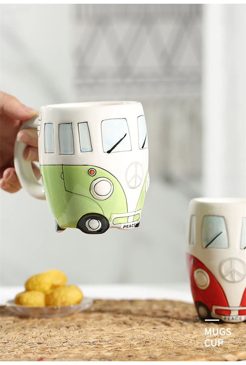 Creative Hand Painting Double Bus Mug Cartoon Ceramic Milk Tea Water Coffee Mugs Home Office School Drinkware Cup Novetly Gifts