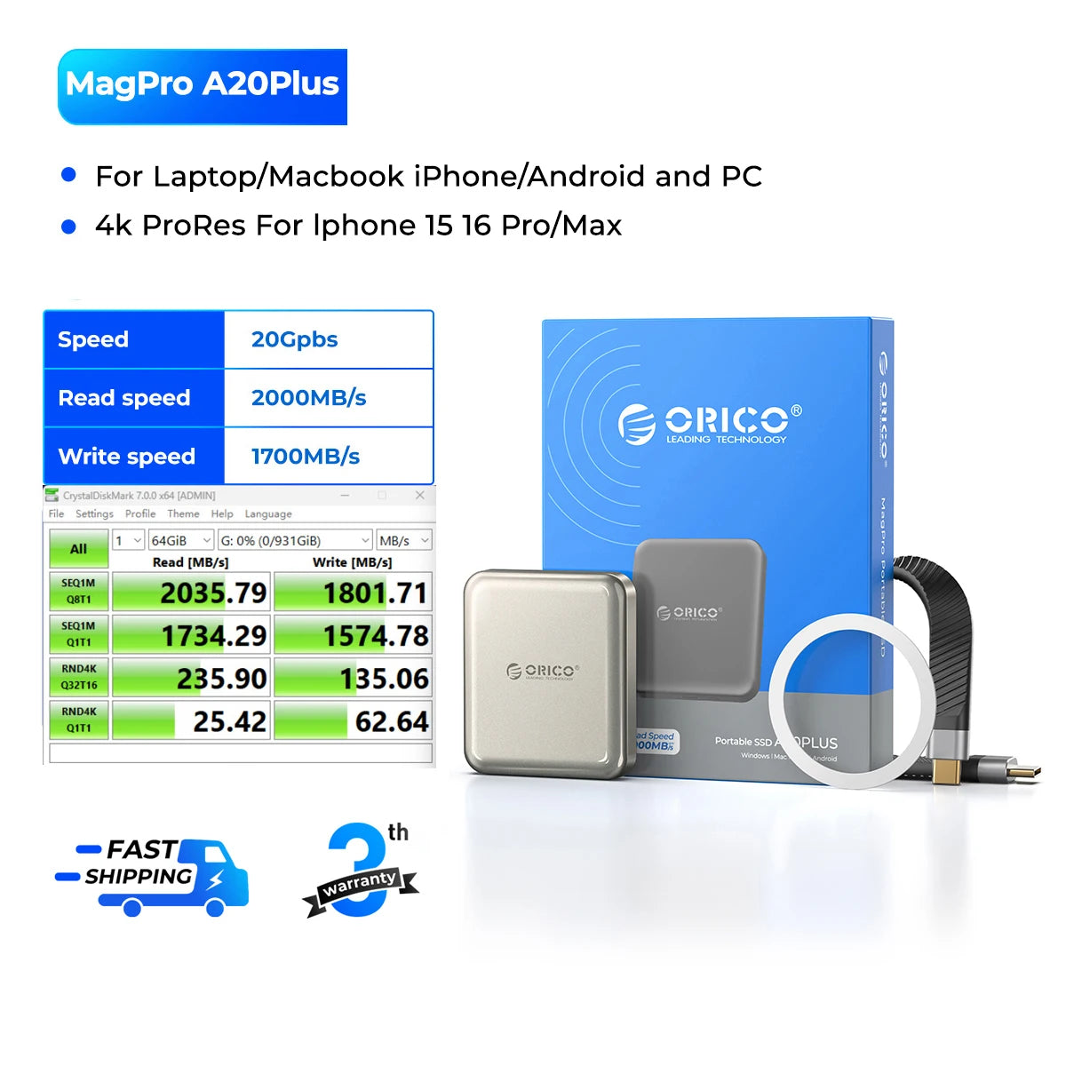 ORICO 1TB Magnetic External SSD, 4K ProRes HDR Record and Store, 2000MB/s Stable Transmission and Storage, Portable Solid State