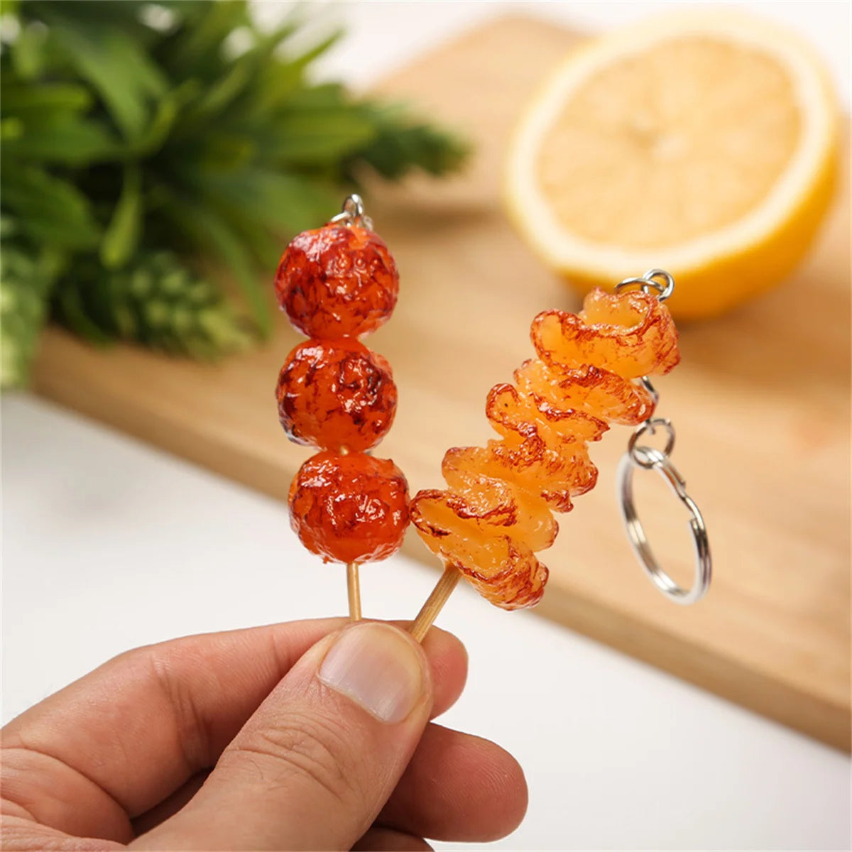 Creative PVC Simulation BBQ Skewers Food Keychain Resin Oden Squid Corn Meatball Keyring Restaurant Opening Gift Fashion Pendant