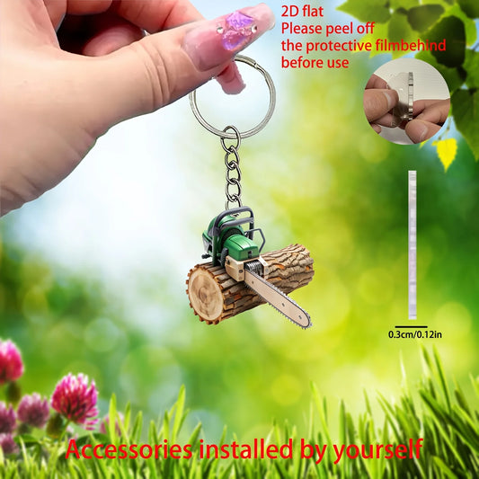 Distinctive Chainsaw Keychain 2D Individuation Pendant Flat Acrylic Ornament Hanging Decoration for Car,Bags,Party Festive,Gifts