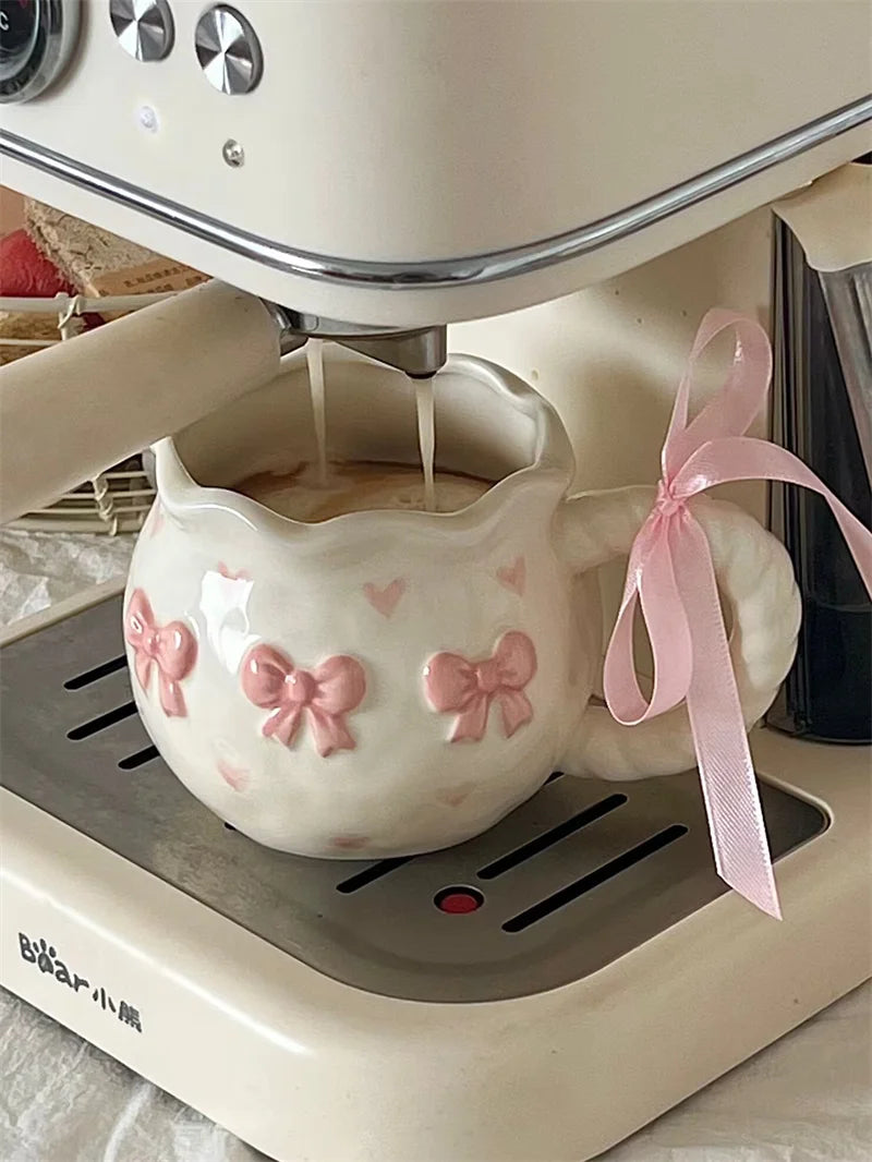 Thickened Cream White Mug Cute Bow Cartoon Ceramic Cup with Handle Milk Cup Coffee Cup Modern Simple Universal Water Cups