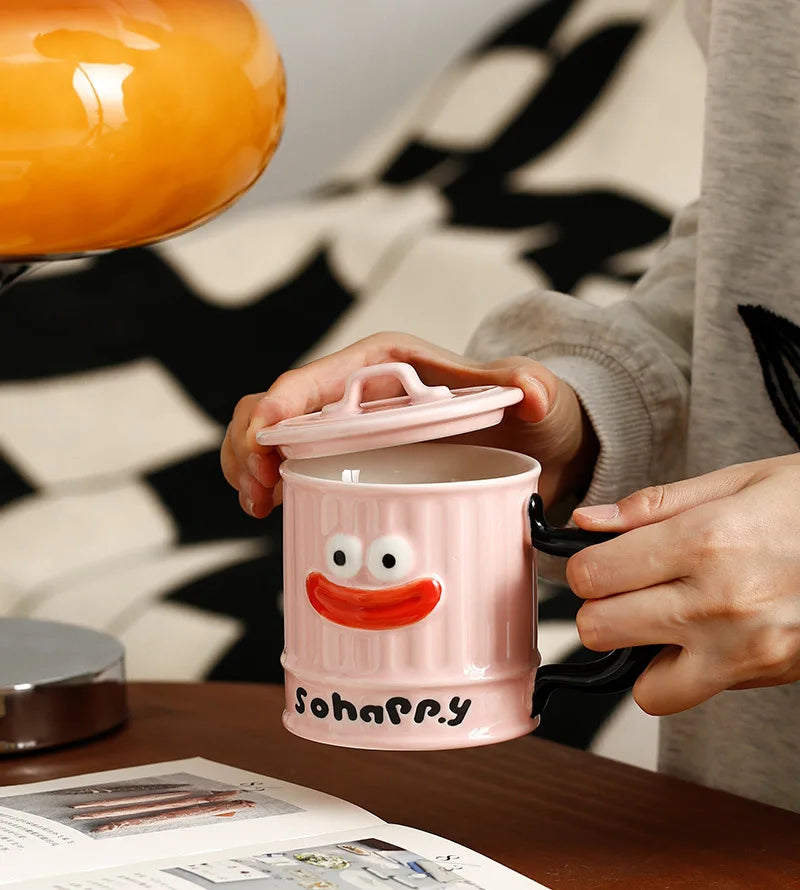 Creative Design, Cute, Funny, Ugly, Cute, Big Mouth Ceramic Mug with Lid, Home Office Drinking Cup, Milk Coffee Cup Ceramic Mug