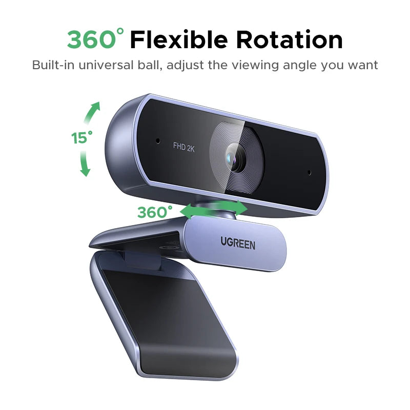 UGREEN 2K Webcam with Microphone, Full HD USB Web Camera, Adjustable FOV, Auto Light Correction, Video Webcam for Streaming