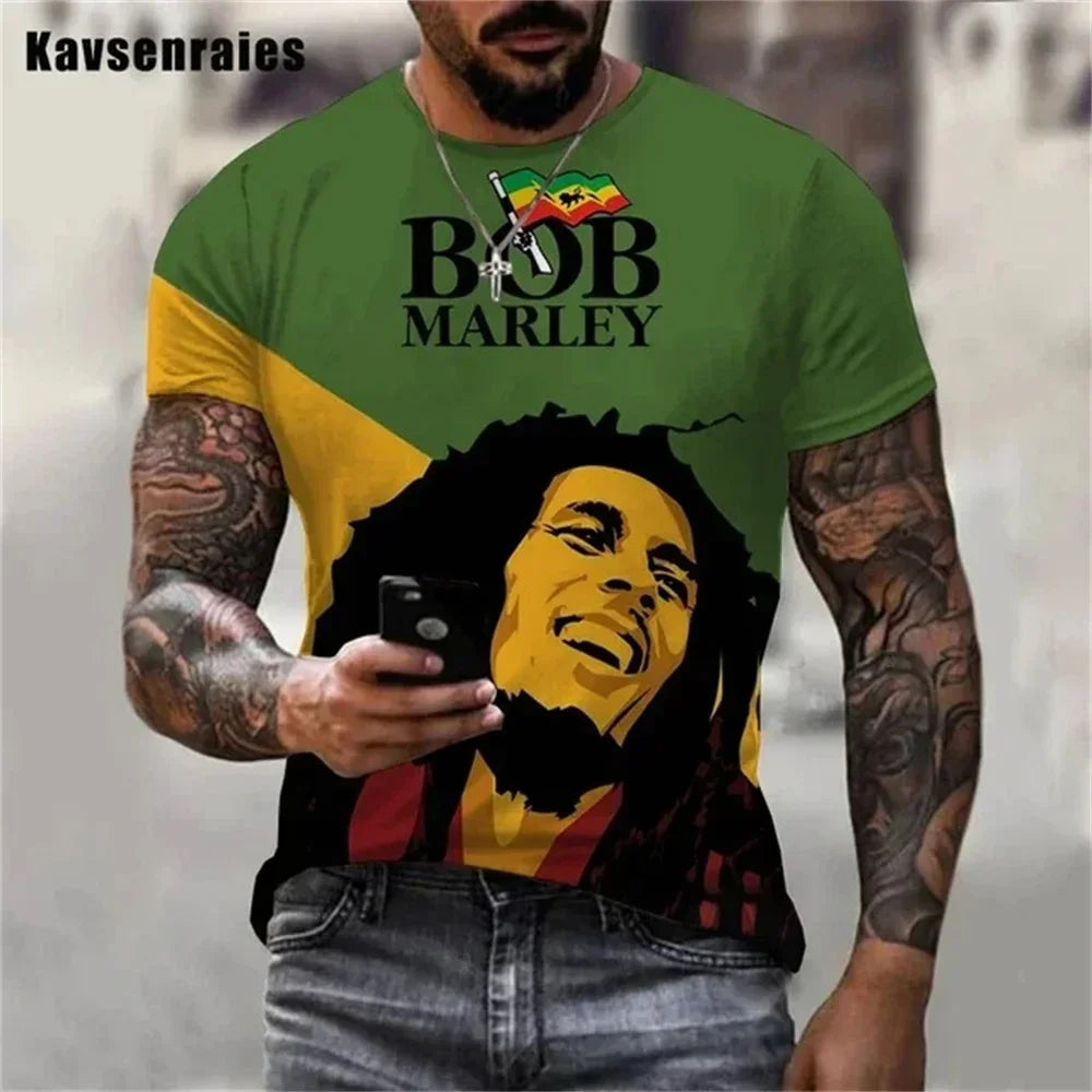 2025 Summer Men's T-shirts Rock Bob Marley 3d Print O-neck Short Sleeve Street Hip-hop Shirt Oversized Tops & Tees Men Clothing