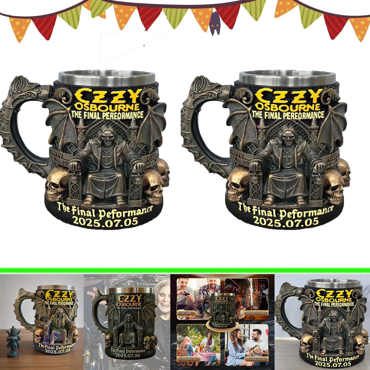 Ozzy Osbourne The Final Performance 3D Mug Stainless Steel Skull Water Cup Halloween Commemorative Mark Cup Gift for Fans Men
