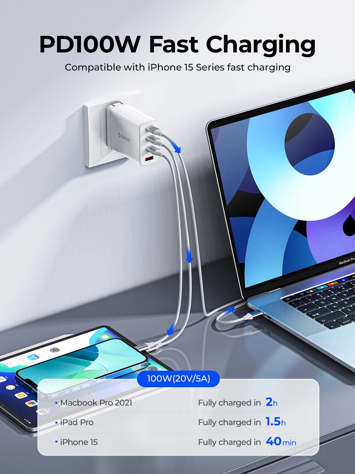 ORICO 100W USB C Cable Fast Charging Type C to USB C 20V5A Woven Design with Strip for iPhone15 Pro Max Huawei Mate 60 Xiaomi