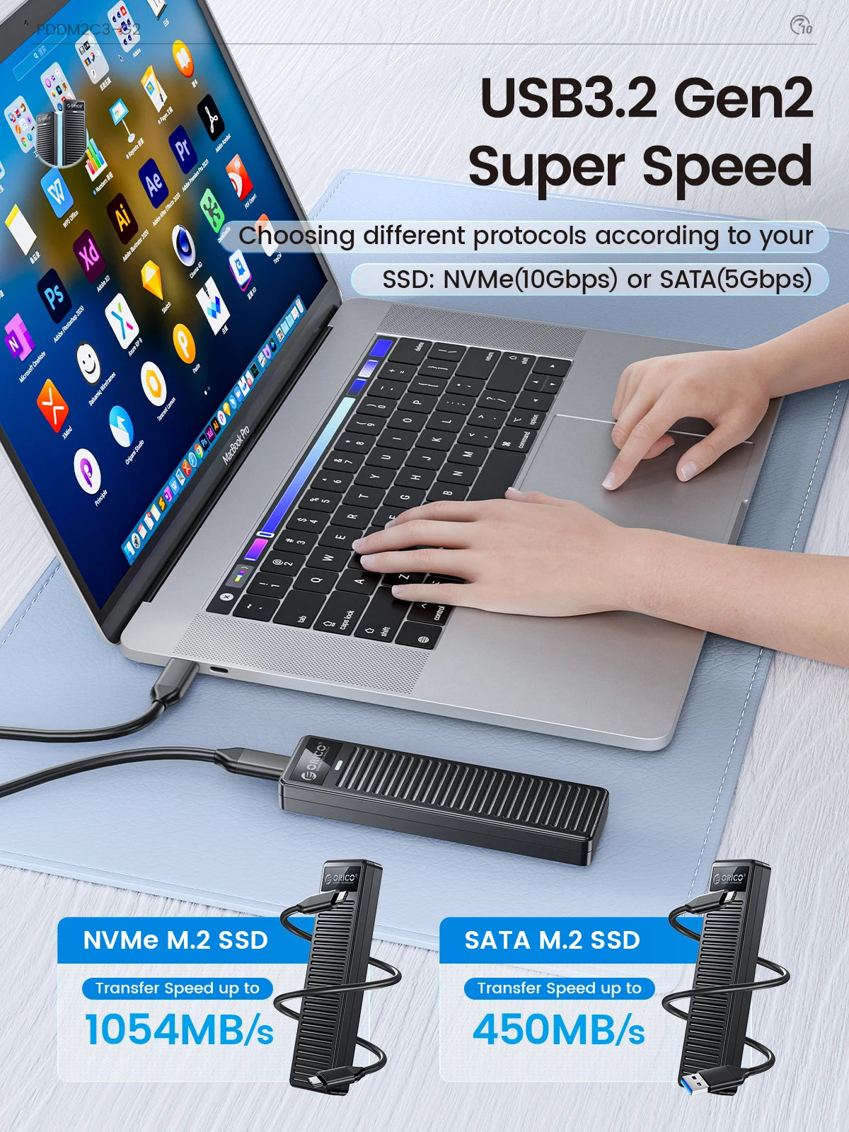 ORICO M.2 NVMe SSD Enclosure 10Gbps USB 3.2 Gen2 Case Box Simple Design Tool-free Support UASP for NVMe SATA SSD Gamers