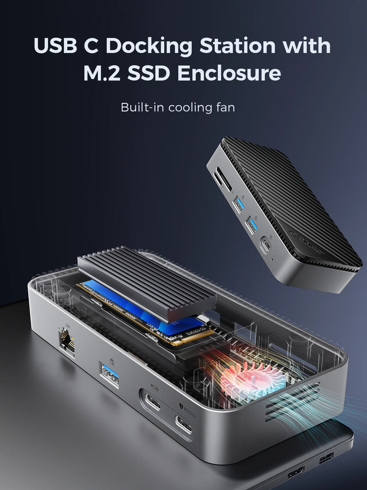 ORICO USB C Display Hub 10Gbps with Cooling Fan M.2 NVMe SATA SSD Enclosure HDMI RJ45 SD/TF Docking Station for Gamers