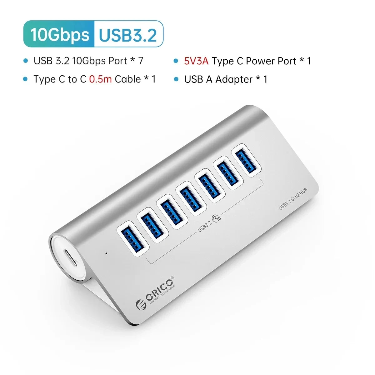 ORICO USB Hub Aluminum Alloy 7-Port USB 3.2 Gen2 10Gbps HUB USB Splitter Multiport Adapter Laptop Expansion Desktop Accessories