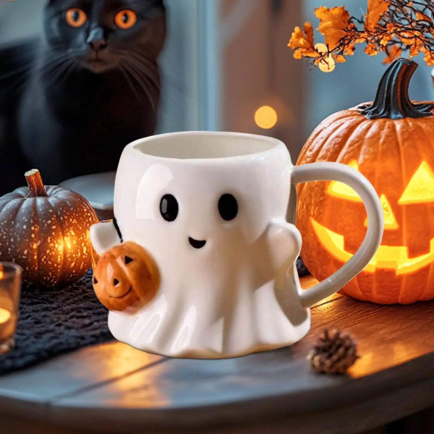 Cute Halloween Pumpkin Ghosts Ceramic Mugs Ceramic Drinking Glass With Handle Halloween Funny White Ghosts Coffee Cup