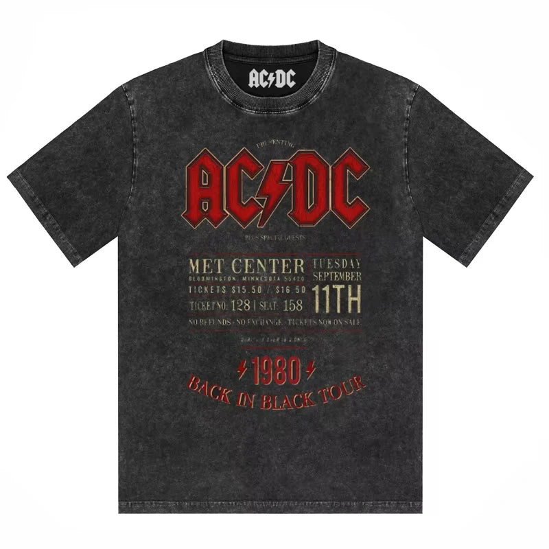 ACDC Band Printed T-shirt Washed Retro Old Short Sleeve Trendy Couple Comfortable Loose Casual Fashion New Men's Clothing
