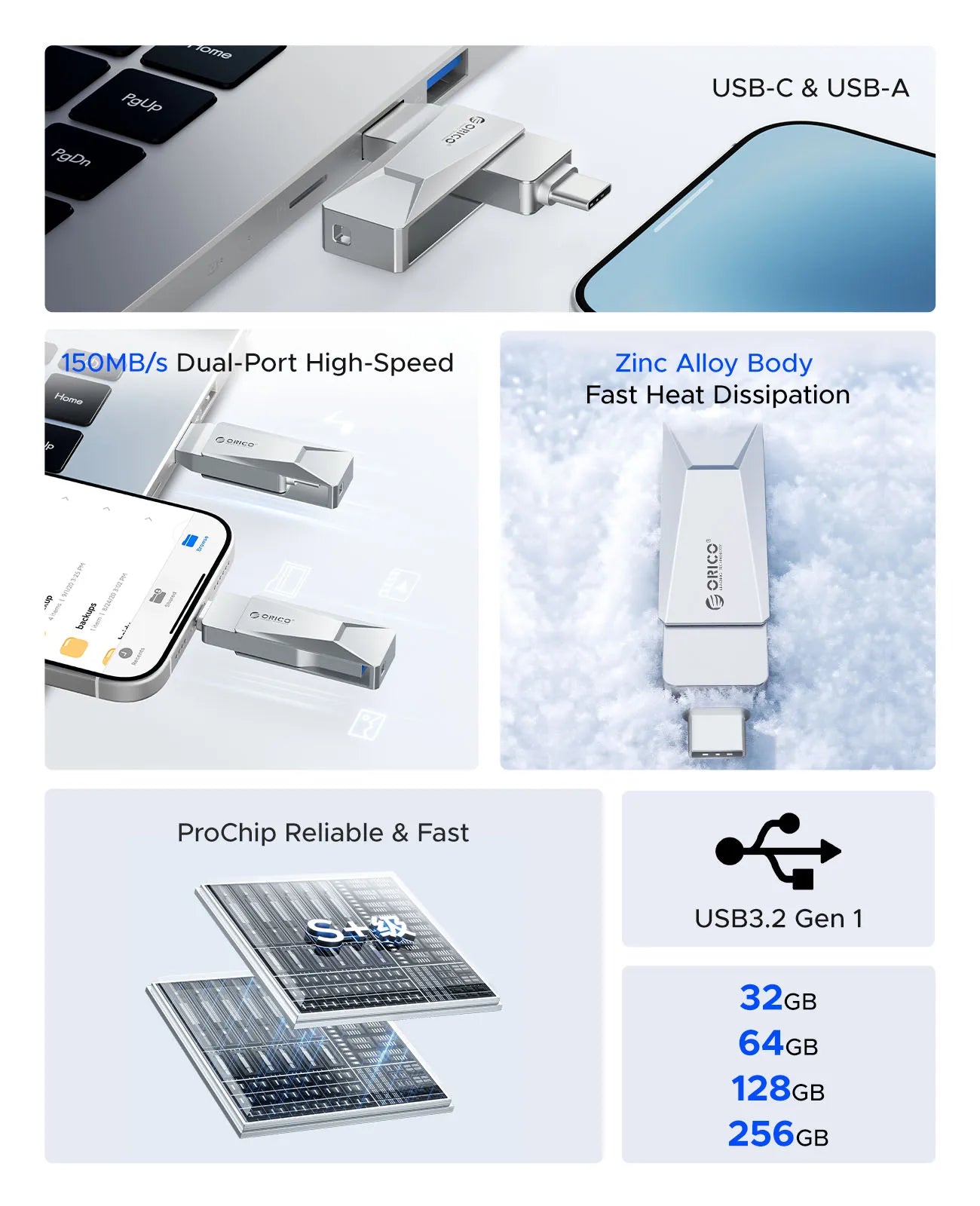 ORICO USB C Flash Drive Dual USB 3.2 Flash Drive Type C + USB A Portable Type-C Flash Drive 2-in-1 USB-C Thumb Drive