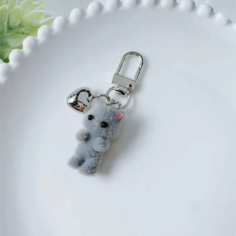 ZAKOL Cute Flocking Cat Keychain 3D Love Phone Pendant Headphone Charm Bag Decor Car Key Ring Jewelry Gift